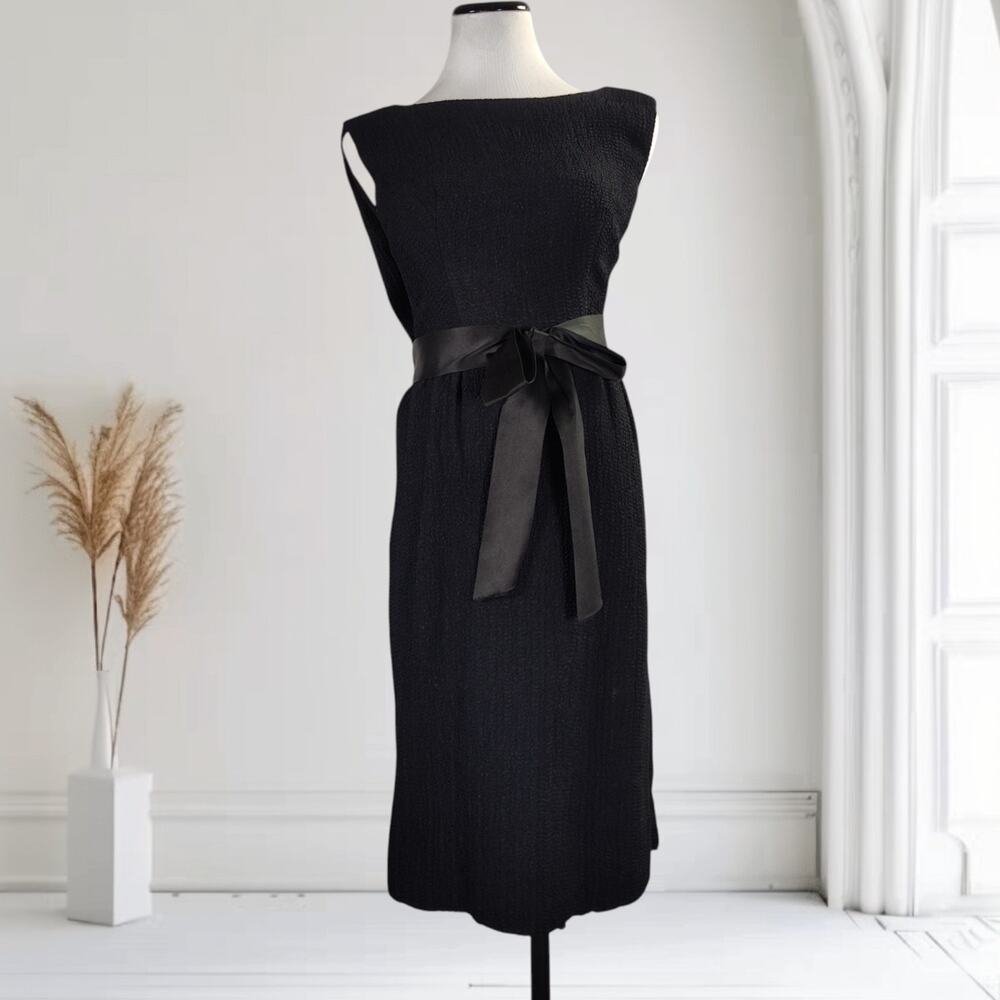 Vintage Nat Kaplan Black Textured Cocktail Dress ILGWU Sculptural Bow Sheath 60s